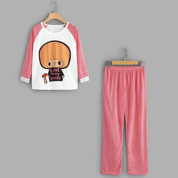 

women cartoon print pajamas for women lingerie cute cotton indoor two piece sleepwear pants set pijama babydoll nightgown j72, Black;red