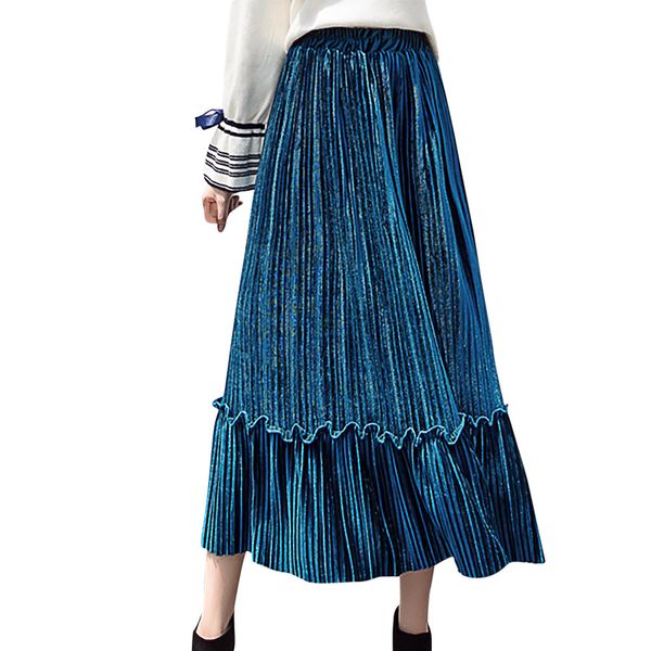 

autumn and winter ladies skirt high waist fashion a word pleated velvet skirt casual slimming wild wear bottoming skirts #xm, Black