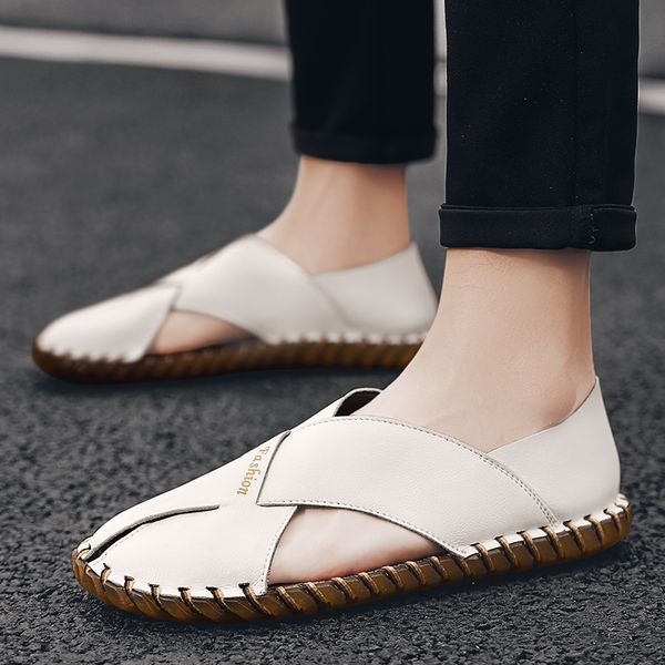

men sandals genuine leather men beach casual shoes handmade sewing slippers sneakers summer shoes flip flops, Black