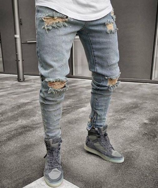 

denim blue ripped designer jeans mens clothing draped slim fit holes zipper pencil pants hombes pantalones mens hole out clothing