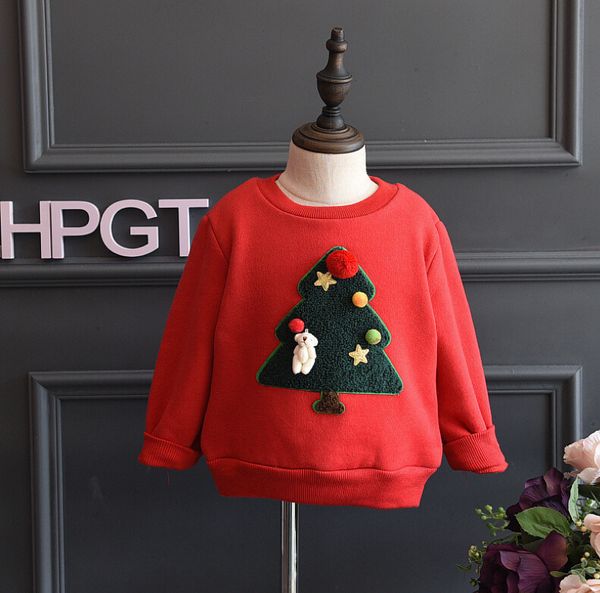 

children's hooded 2018 new plus velvet christmas red sweater christmas tree thick warm baby pullover shirt, Blue;black