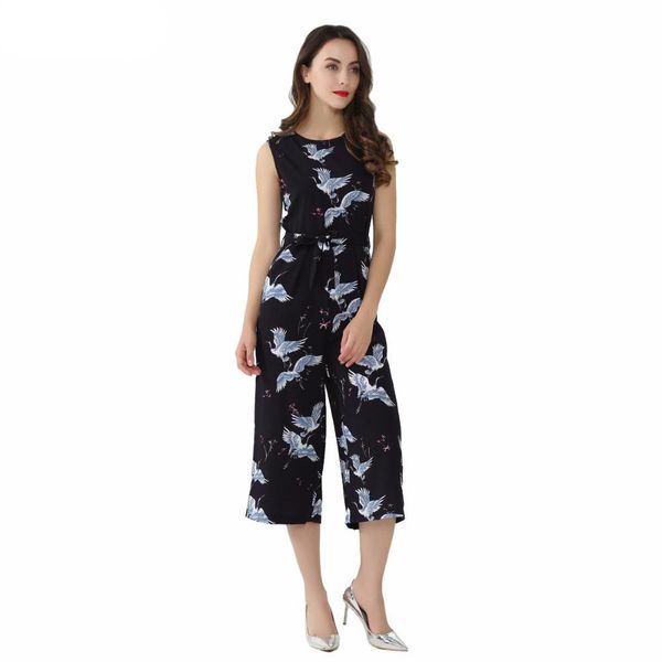 

women cute crane print jumpsuit sashes pockets sleeveless pleated rompers ladies vintage casual jumpsuits bodysuit new elegant, Black;white