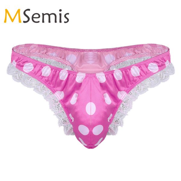 

msemis мужские сисси трусы белье блестящая атласная для мужчин рябить кружева польки бикини стринг стринги high cut мешок gay трусы, Black;pink