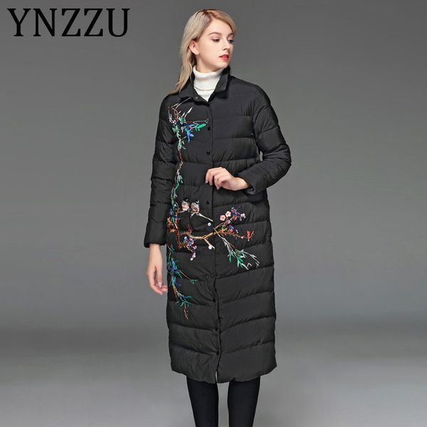 

ynzzu chinese style vintage women's down jacket 2019 winter embroidery long 90% white duck down coat ladies warm outwear a1080, Black