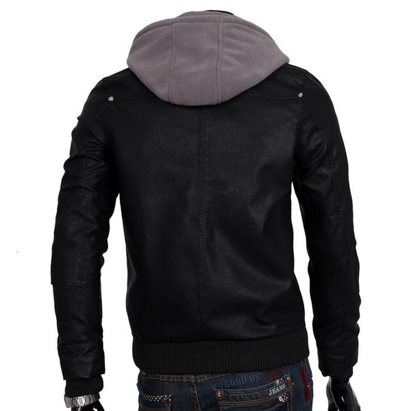 

men's fur & faux casual korean autumn mens hooded leather outerwear coats moto biker slim hat detachable male pu jackets plus size, Black