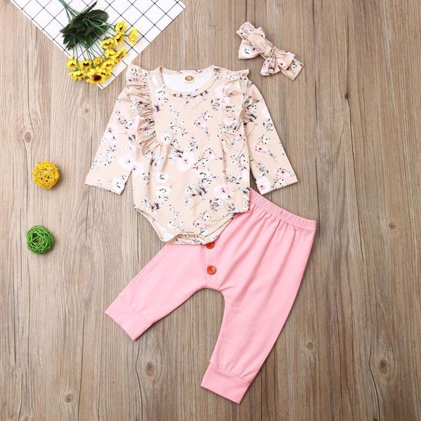 

3pcs toddler newborn infant baby girl clothes set spring ruffle long sleeve bodysuit floral pants headband outfits clothing, White