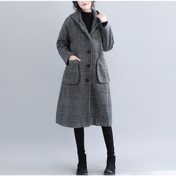 

female checked woolen coat tide autumn winter literary large size korean long pocket hooded ladies woolen coat l33, Black