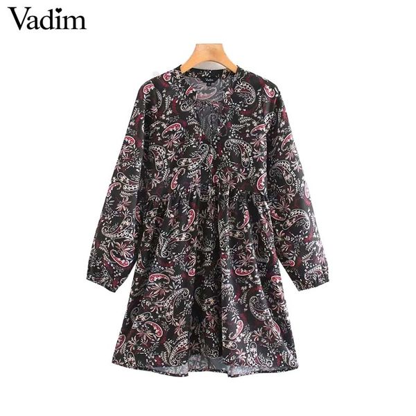 

vadim women paisley floral print pleated mini dress drawstring tie long sleeve female casual chic dresses vestidos qd105, Black;gray