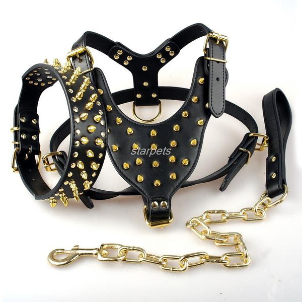 

black spiked dog collars studded leather dog pet pitbull harness chest 26"-34" collar & leash set for medium large dogs boxer bull