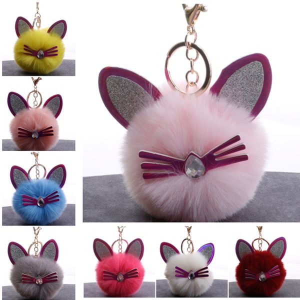 

8pcs/lot fashion jewelry keychains cute cat ears fluffy pendant key ring for girls bags car decoration keyring, Silver