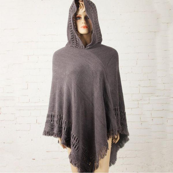 

tassel lady cloak sweaters women knitted poncho irregularity sweep hooded coat sweater outwear, Black