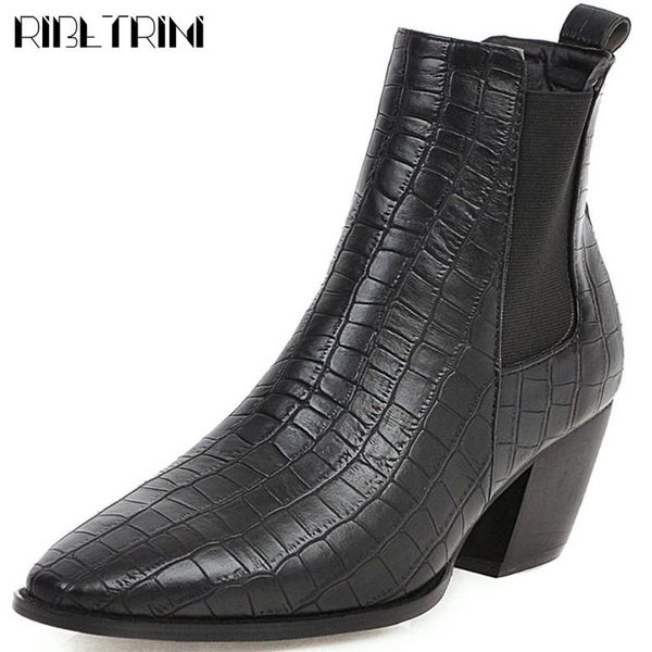 

ribetrini ladies street party fretwork ankle shoes woman brand designer boots women slip-on chunky high heels boots, Black