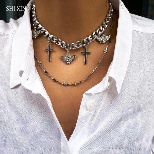 

shixin punk angel cross pendant necklace for women hip hop chunky chain short choker necklaces layered fashion statement jewelry, Golden;silver
