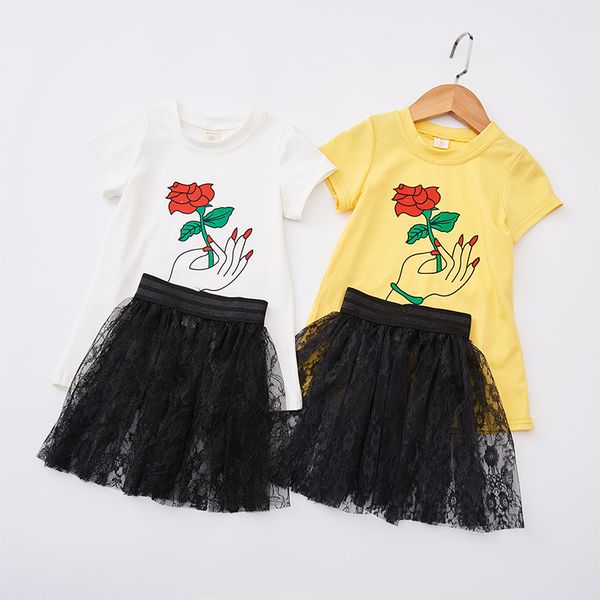 

2019 new summer item girl fashion suit including rose t-shirt+lace skirt 2pcs per set, White