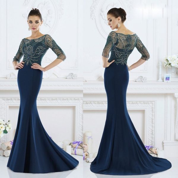 Blu navy janique sirened sibire abiti da sposa abiti gioiello a mezza manica applique applique cristallo abito ospite abiti da sera spazzano abiti da sera