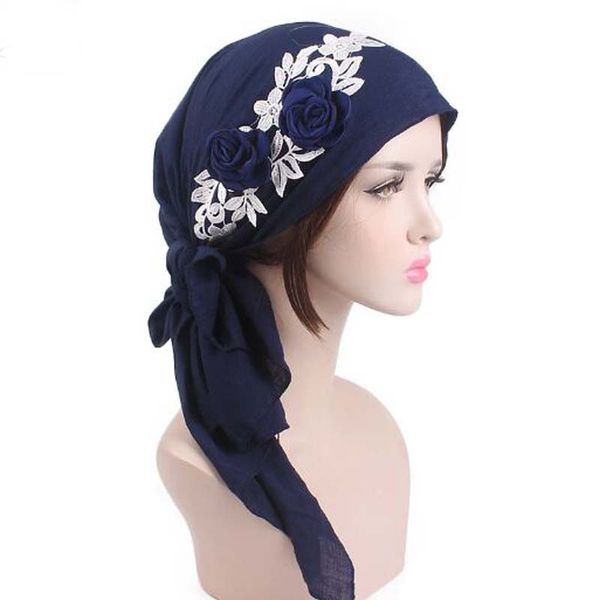

rural wind flower ribbon skullies beanies spring summer brand cotton yarn women hats turban chemotherapy cap, Blue;gray