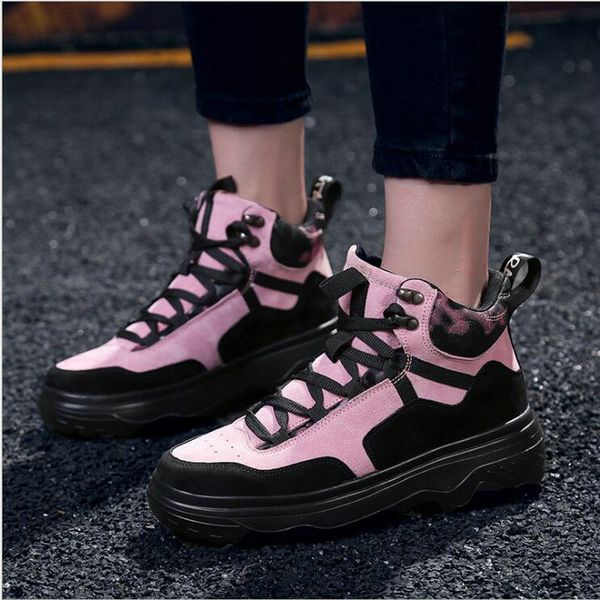 

2019 new fashion flock leather shoes woman thick bottom casual sneaker shoes fashion girl lace up high platform lg-51, Black