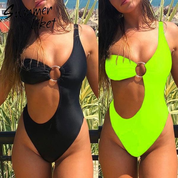 

один плечо один цельный костюм неон зеленый купальник женский бикини монокини high cut толчок вверх купальники женщин купальный костюм лето, White;black