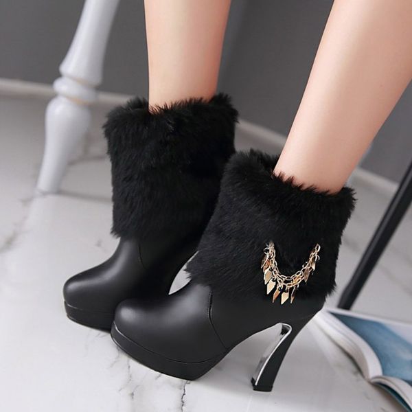 

short plush ankle boots for women med heel platform boots women fashion plus velvet snow winter warm woman shoes, Black