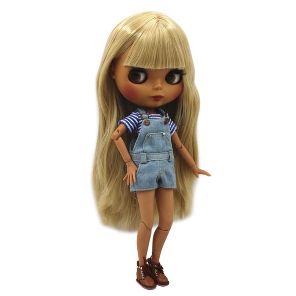 

special price blyth joint body doll straight blond hair with/without bangs new matte shell dark skin 30cm suitable for diy t200209