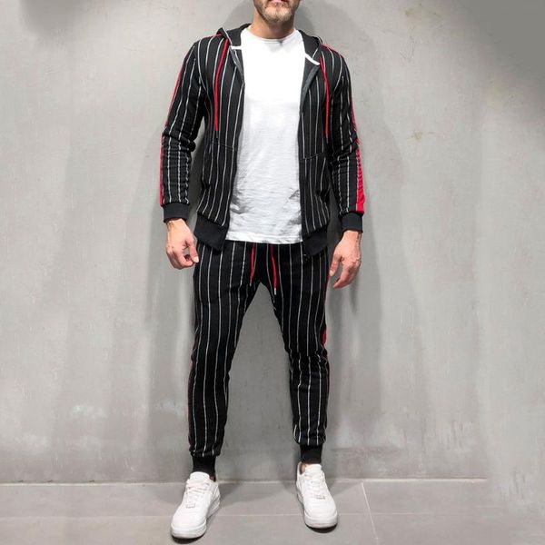 

tracksuit men 2020 new men sets fashion sporting suit brand striped zipper sweatshirt +sweatpants mens clothing 2 pieces sets 9, Gray