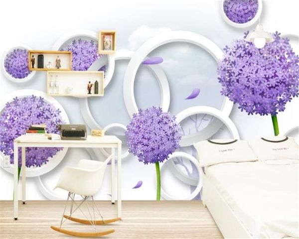 Benutzerdefinierte 3D-Tapete jeder Größe, weißer Kreis, lila Löwenzahn, Wohnzimmer, Schlafzimmer, TV-Hintergrund, Wandtapete