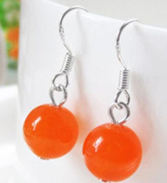 

charm fashion 10mm orang jade round bead silver hook earrings