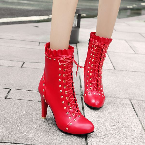

2018 cross tied ruffles lolita girls shoes high heels ankle boots rivet white red black party ladies fashion booties