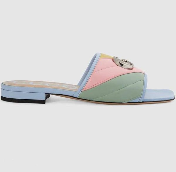 

branded women pastel leather slide sandal designer lady colorful palladium-toned hardware flat rubber outsole slipper, Blue;gray