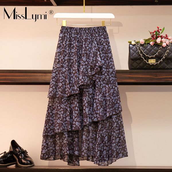 

l-4xl plus size women floral midi skirts summer 2019 vintage print elestic high waist ruffle loose casual a-line chiffon skirts, Black