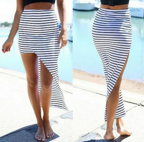 

юбка с высокой талией пляжная юбка boho women summer шифон в полоску с коротким мини, Black