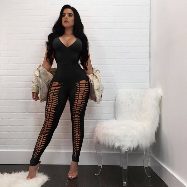 

2298 # women's jumpsuits factory supply tight strap hollow v neck burnt 4 color pants, Black;white