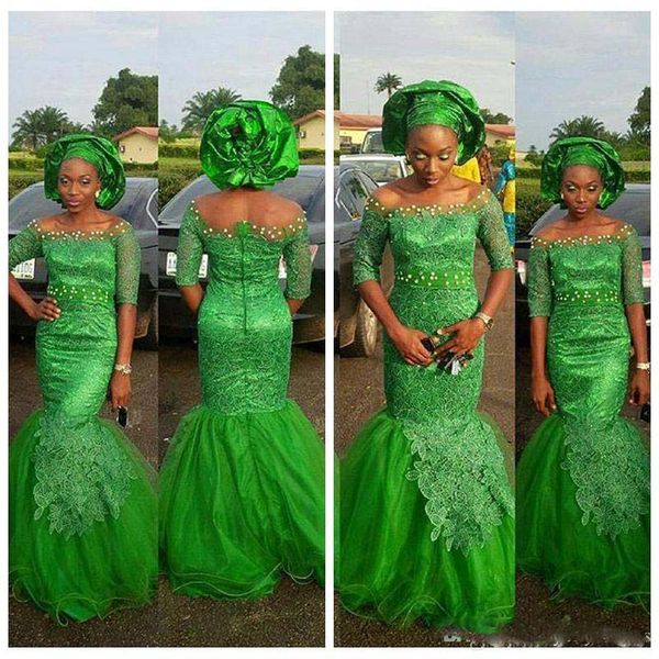 

2019 half sleeves lace appliques mermaid prom dresses sweep train slim evening party gowns green beaded vestidos de festa, Black