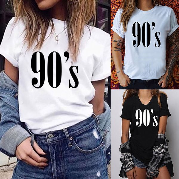 

spring summer fashion women's loose short-sleeved letter t-shirt casual o-neck 90s print cotton soft black white shirt