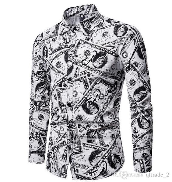 

mens summer dress shirts casual male refreshing oxford us dollar printed long-sleeved shirt, White;black