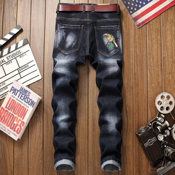 

2020 new men's designer jeans male pencil pants motorcycle motorcycle denim black stretch pants male embroidered pants slim trousers, Blue