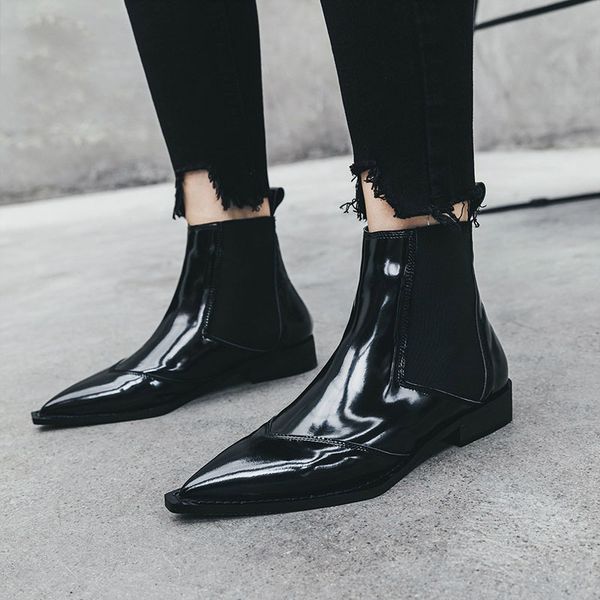 

agodor genuine leather women ankle boots pointed toe elastic band women motorcycle boots slip-on low heels shoes female botas, Black
