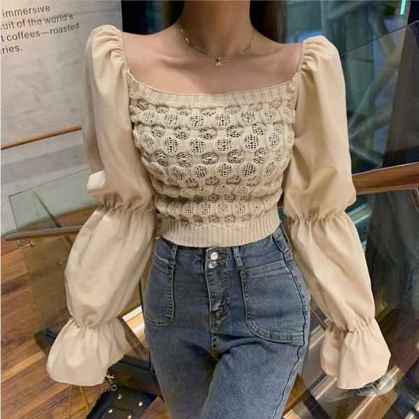 

2019 atumn winter women square collar cropped sweater pullover crop patchwork chiffon flare sleeve sweater for female, White