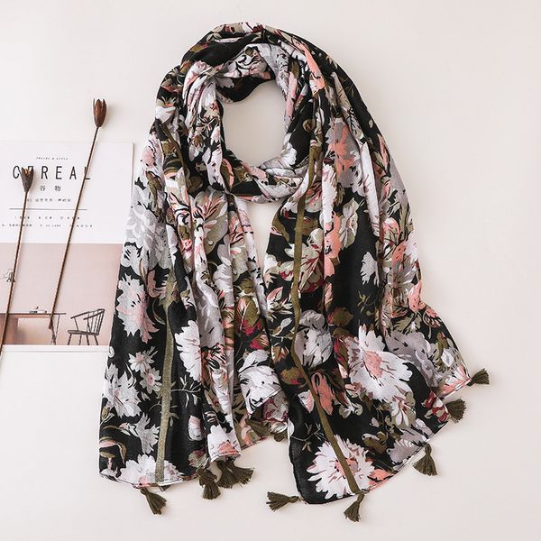 

women fashion daisy floral cotton viscose scarf lady tassel shawls and wraps bandana female muslim hijab sjaal 180*90cm