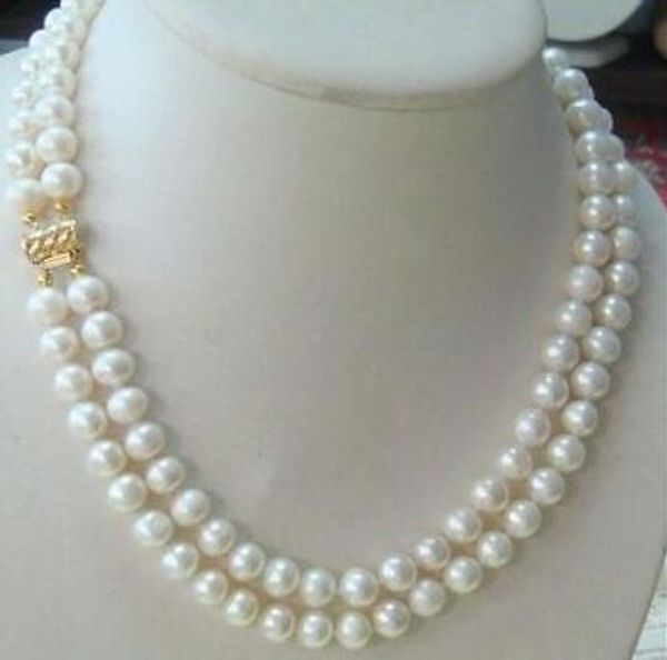

2-row-8-9mm-akoya-real-white-pearl-necklace-14k-clasp, Silver