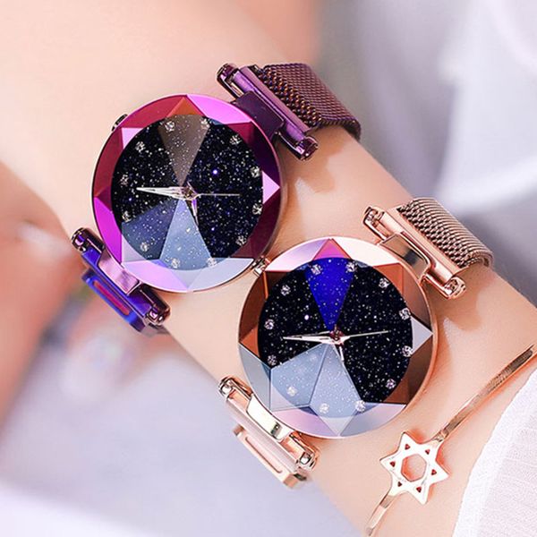 

2019 women watches starry sky luxury fashion diamond ladies magnet watches women's quartz wristwatch, Slivery;brown