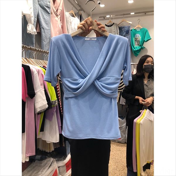 

east gate 2020 season solid color design pleated cross v-neck slim versatile short-sleeved t-shirt female, White