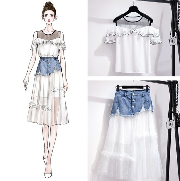 

2020 new runway women summer suits ruffles dot print chiffon flare sleeve shirt+shorts leisure 2 piece sets with belt, White