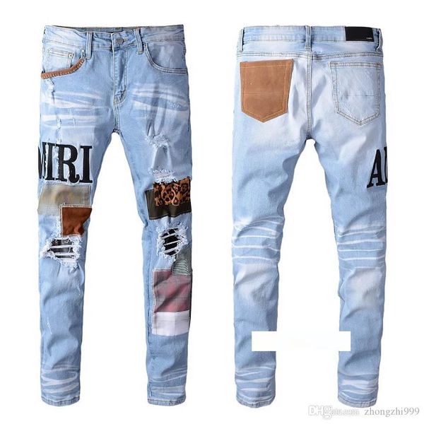 

men designer jeans amiri letter printing motorcycle pants luxury blue holes hip hop pants trend casual fashion denim pants