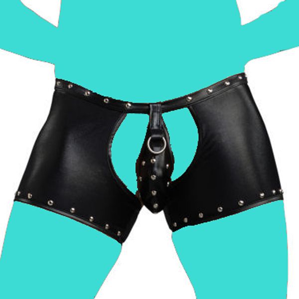 

men pu faux leather lace up bandage open crotch short boxer rivet clubwear jockstrap fetish gay wear erotic lingerie fx38, Black;white