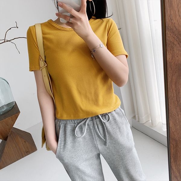 

women's short-sleeved female students 2020 slim solid color fashion clothes round collar clothing women's short-sleeved t-shirt fe, White