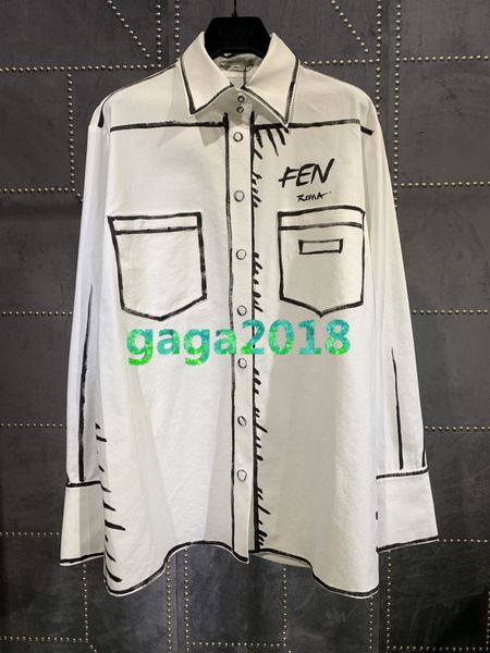 

высокие женщины девочки рубашки топы лоскутное рисованной линии шаблон отворот шеи длинный рукав блуза 2020 взлетно-посадочной полосы моды н, White