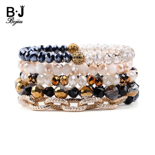 

bojiu 5 pcs/set casual elastic crystal charm bracelets for women trendy deep blue ab gray black gold lady bracelet gift bcset230, Golden;silver