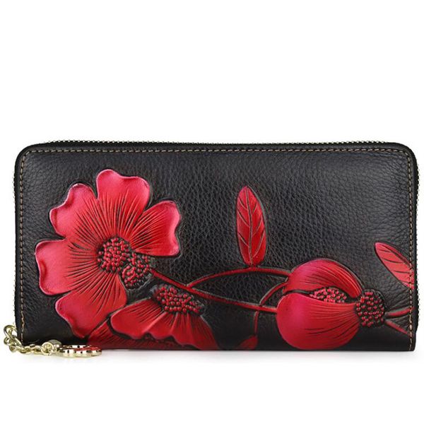

fashion women wallet genuine leather luxury long clutch handy bag printing floral retro female card package money clips, Red;black