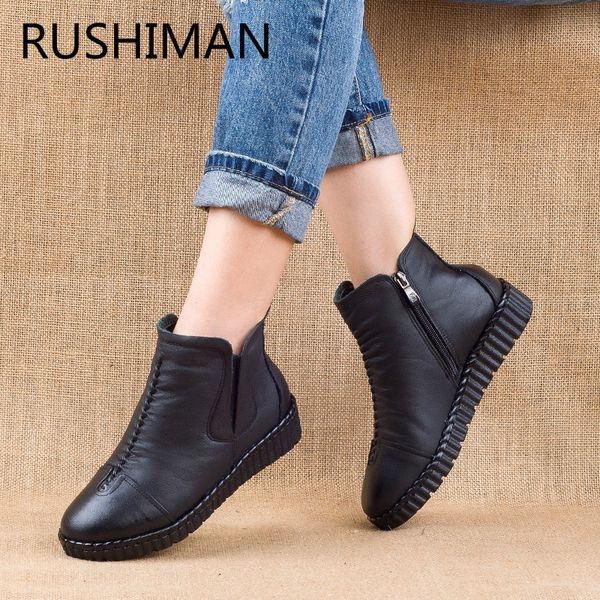 

rushiman plus velvet leather women's cotton hand made sew warm shoes national wind old leather short black boots big yards 35-41